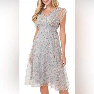 SDEER Women's V Neck Tulle,Flutter Sleeve Ruffle Floral Print Midi Dress Small
